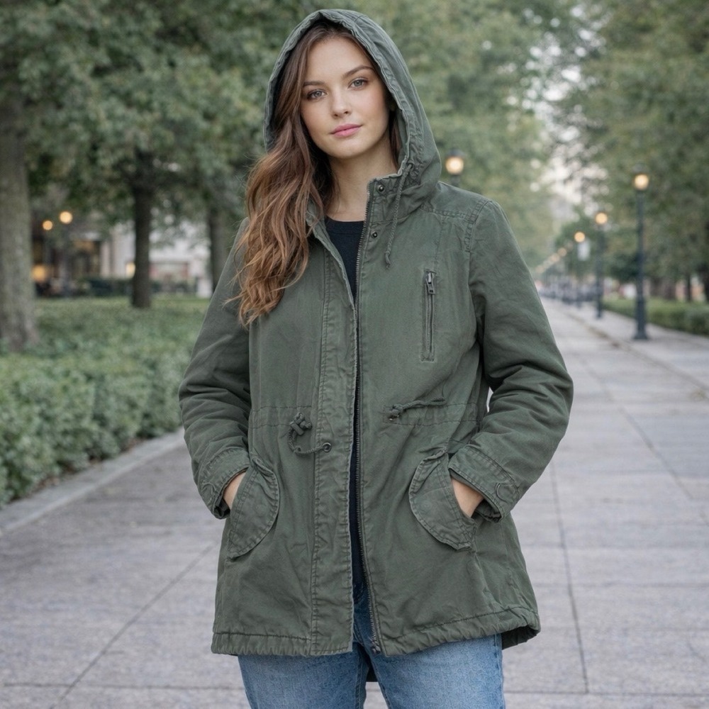 Ambiance Outerwear Olive Green Utility Women Jacket Hooded Military Style Large